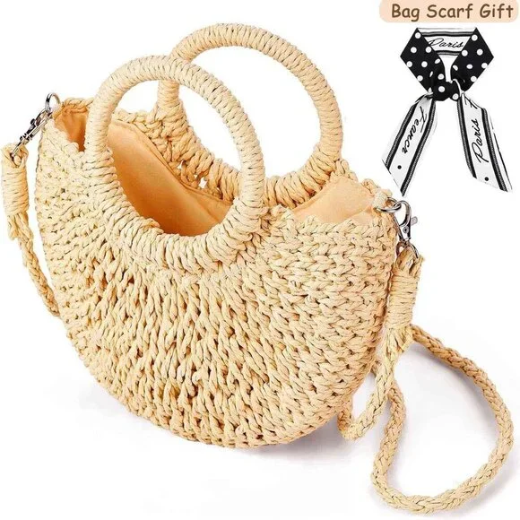 Straw Shoulder Bag Handmade Woven Purse Beach Clutch Crossbody for Women - Picture 3 of 6